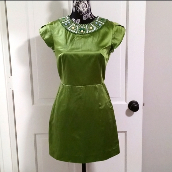 BCBG Max Azria jewel neck silk party cocktail green mini dress NYE 10 Medium - Picture 15 of 16